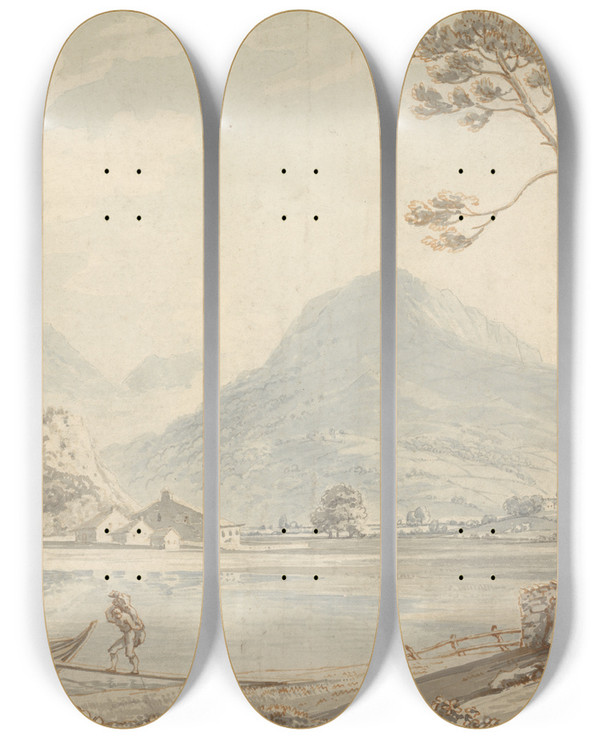 Triptych art skateboard deck of Thomas Sunderland Landscape At Ambleside by Thomas Sunderland (1744-1828)