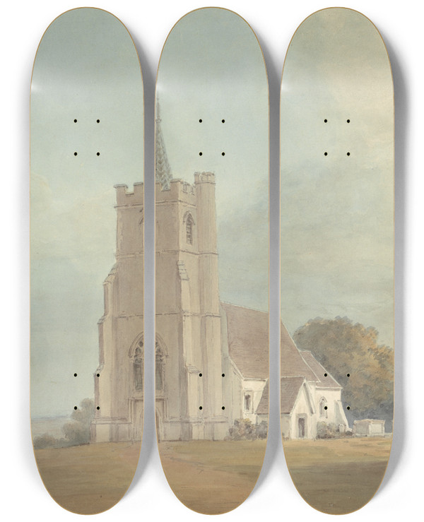 Triptych art skateboard deck of Samuel Davis The Church In Knebworth Park by Samuel Davis (1757-1819)