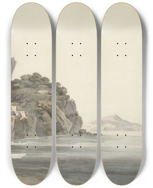 Triptych art skateboard deck of John Warwick Smith An Italian Coast Scene by John Warwick Smith (1749-1831)
