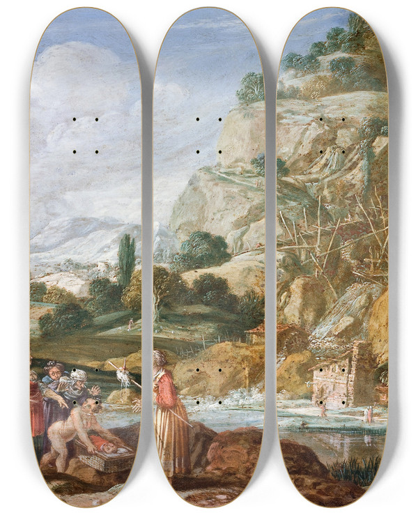 Triptych art skateboard deck of Bartholomeus Breenbergh The Finding Of Moses by Bartholomeus Breenbergh (1598-1657)