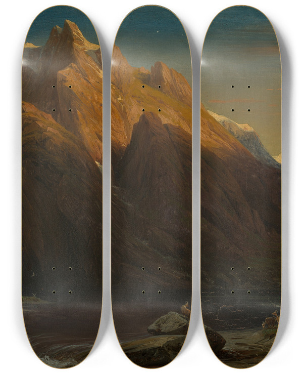 Triptych art skateboard deck of Franois Diday Der Montblanc Im Alpenglhen by Francois Diday (1802-1877)