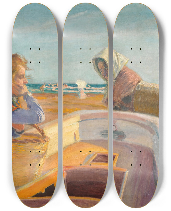 Triptych art skateboard deck of Jos Mongrell Esperando La Pesca by Jose Mongrell (1870-1937)