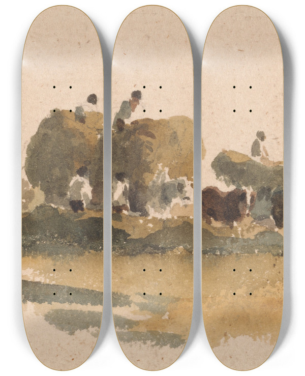 Triptych art skateboard deck of Peter Dewint Hay Wagons by Peter Dewint (1784-1849)