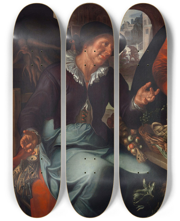 Triptych art skateboard deck of Joachim Wtewael The Fruit And Vegetable Seller by Joachim Wtewael (1566-1638)