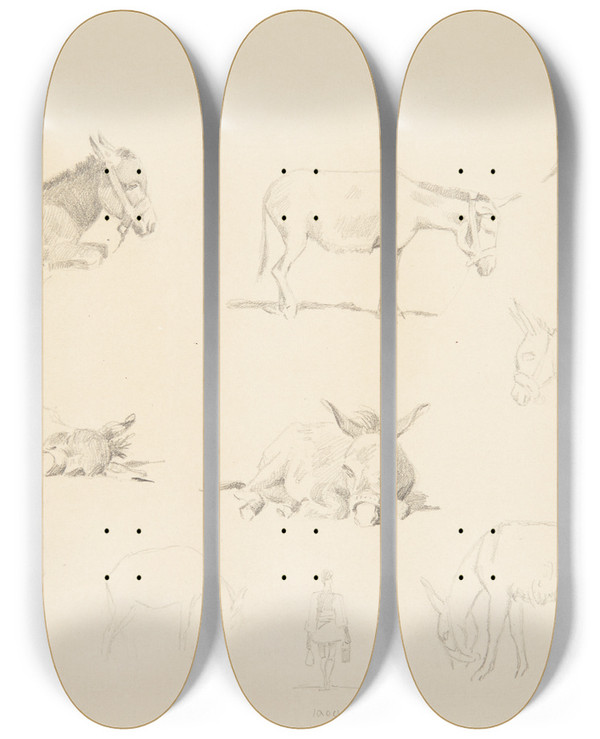 Triptych art skateboard deck of Agnes Lunn Studieblad Med Dyr by Agnes Lunn (1850-1941)