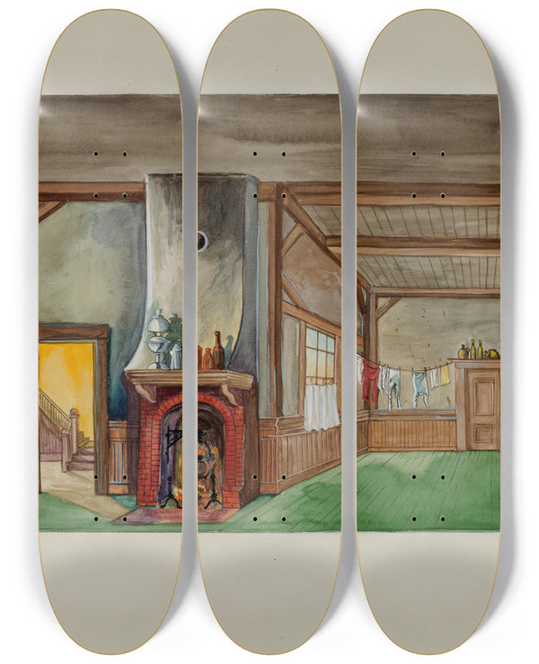 Triptych art skateboard deck of Vera Van Voris Backdrop For Puppet Show by Vera Van Voris