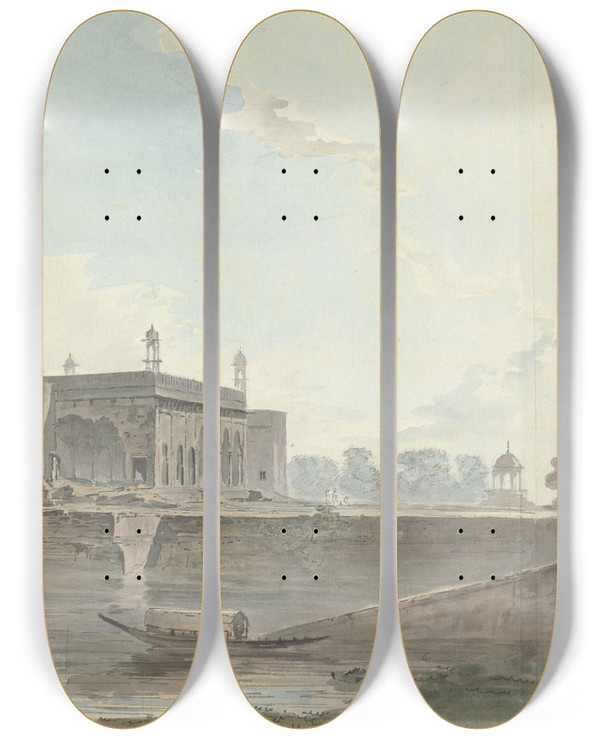 Triptych art skateboard deck of Samuel Davis Ruined Palace By A River by Samuel Davis (1757-1819)