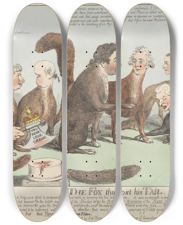 Triptych art skateboard deck of Charles Williams The Fox That Lost His Tail by Charles Williams