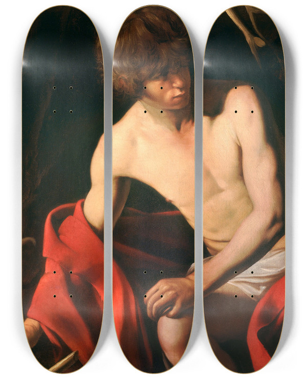 Triptych art skateboard deck of Caravaggio Saint John The Baptist_2 by Caravaggio (1571-1610)