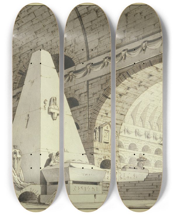 Triptych art skateboard deck of Giorgio Fuentes Grabgewlbe Mit Einer Pyramide by Giorgio Fuentes (1756-1821)
