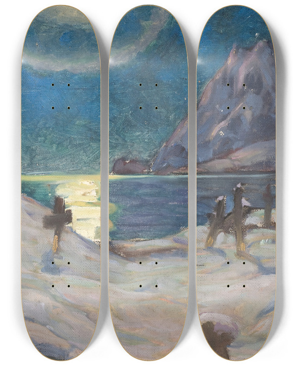 Triptych art skateboard deck of Anna Boberg The Graveyard In The Mountains Study From Lofoten by Anna Boberg (1864-1935)