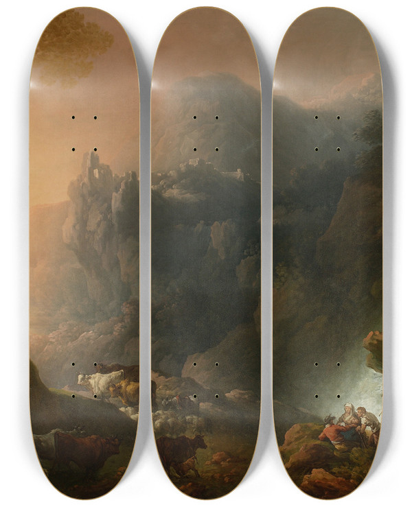 Triptych art skateboard deck of Franciszek Ksawery Lampi Mountain Landscape With A Waterfall by Franciszek Ksawery Lampi (1782-1852)