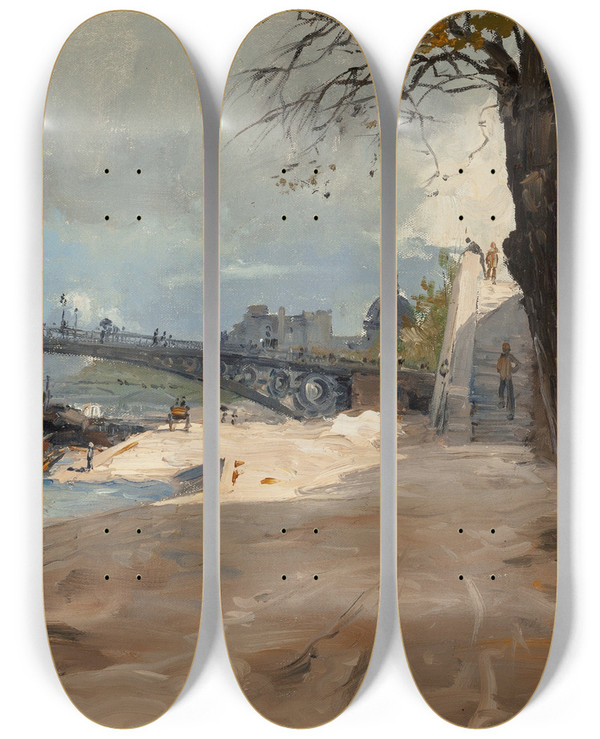 Triptych art skateboard deck of Frank Myers Boggs Un Quai Prs De Pont Des Saintspres by Frank Myers Boggs (1855-1926)