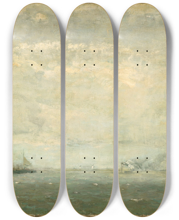 Triptych art skateboard deck of Henry Ward Ranger Seascape by Henry Ward Ranger (1858-1916)