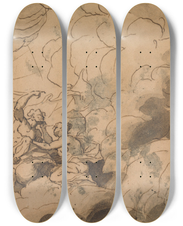 Triptych art skateboard deck of Thomas Carwitham Illustration To Homers Iliad by Thomas Carwitham