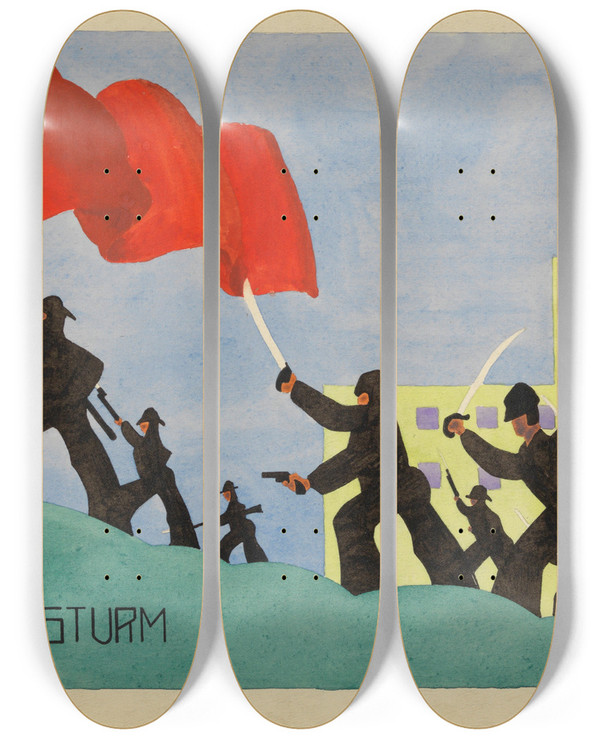 Triptych art skateboard deck of Karl Wiener Arbeitersturm by Karl Wiener (1901-1949)