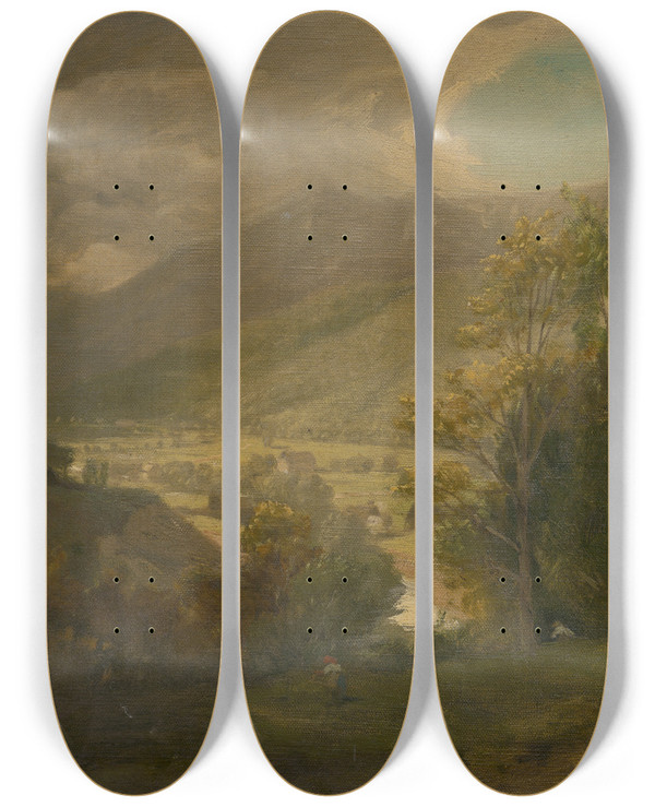 Triptych art skateboard deck of Jan Nowopack Mountain Valley by Jan Nowopacky
