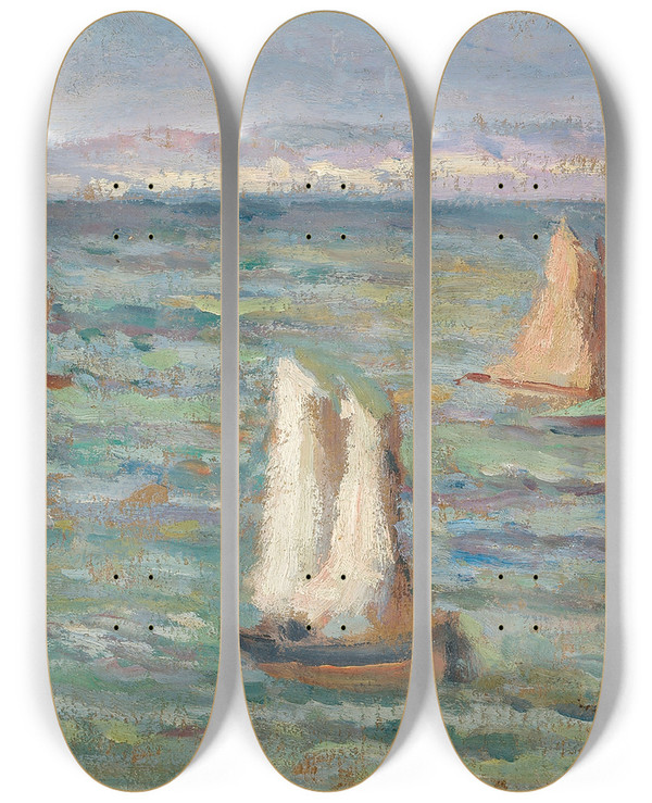Triptych art skateboard deck of Maximilien Luce Bateaux Aux Environs Dhonfleur by Maximilien Luce (1858-1941)