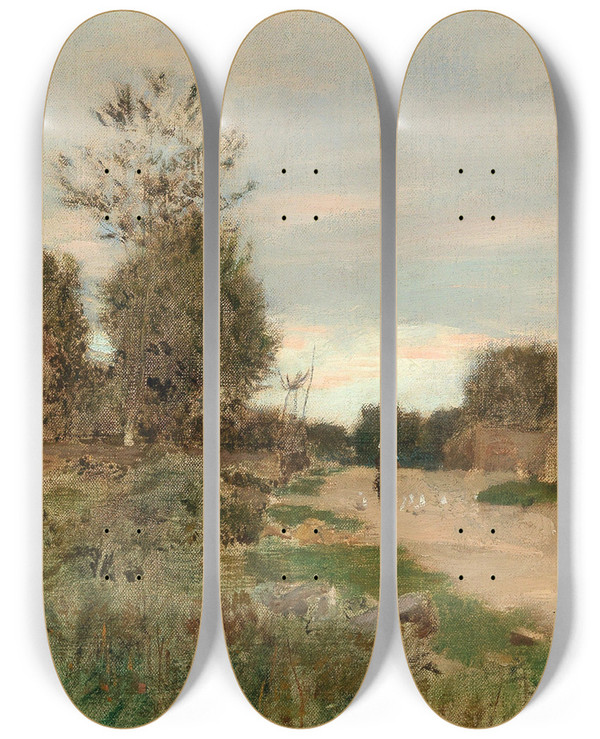 Triptych art skateboard deck of Eugen Jettel Dorflandschaft by Eugen Jettel (1845-1901)