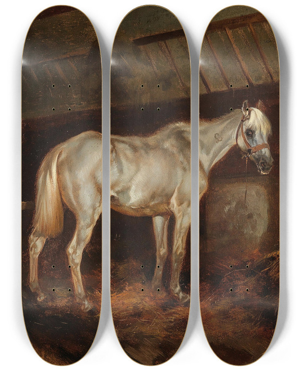 Triptych art skateboard deck of Joseph Heicke Schimmel Im Stall by Joseph Heicke (1811-1861)