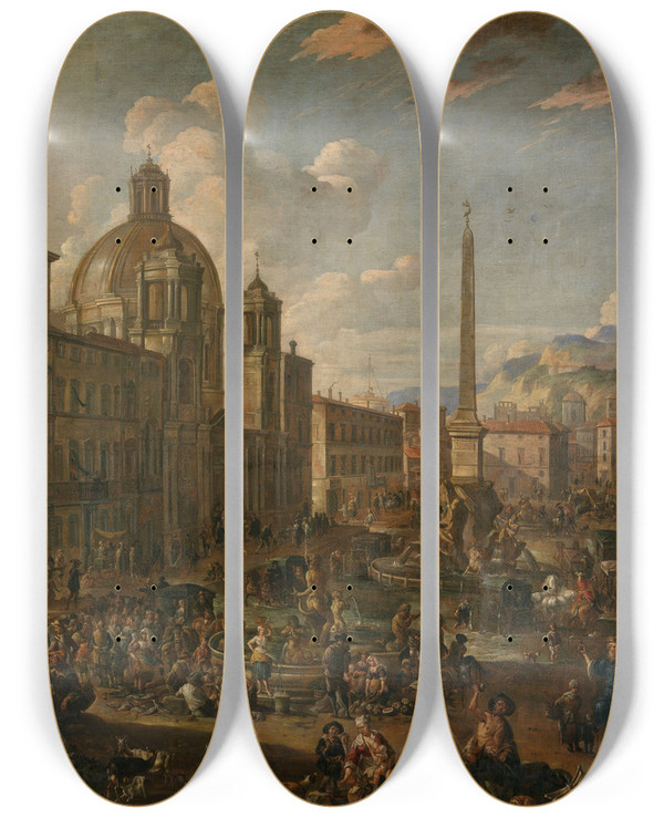 Triptych art skateboard deck of Anton Goubau Piazza Navona In Rome by Anton Goubau (1616-1698)