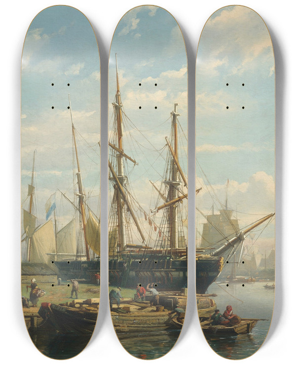 Triptych art skateboard deck of Johan Adolph Rust Dutch Sailing Ships At Anchor In A River Estuary by Johan Adolph Rust (1828-1915)