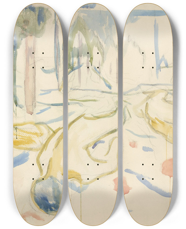 Triptych art skateboard deck of Edvard Munch Landskap Og Dde Kropper by Edvard Munch (1863-1944)