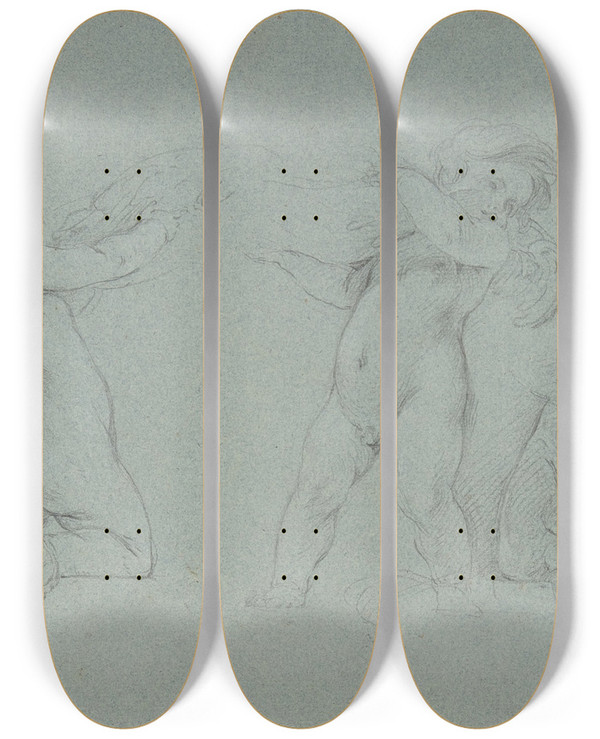 Triptych art skateboard deck of Franois Lemoyne Putti Supporting A Garland by Francois Lemoyne (1688-1737)