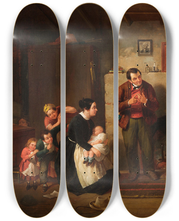 Triptych art skateboard deck of Francis William Edmonds Taking The Census by Francis William Edmonds (1806-1863)