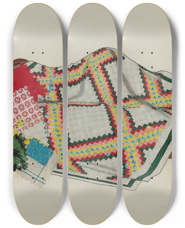 Triptych art skateboard deck of American 20Th Century Quilts Pieced by American 20Th Century