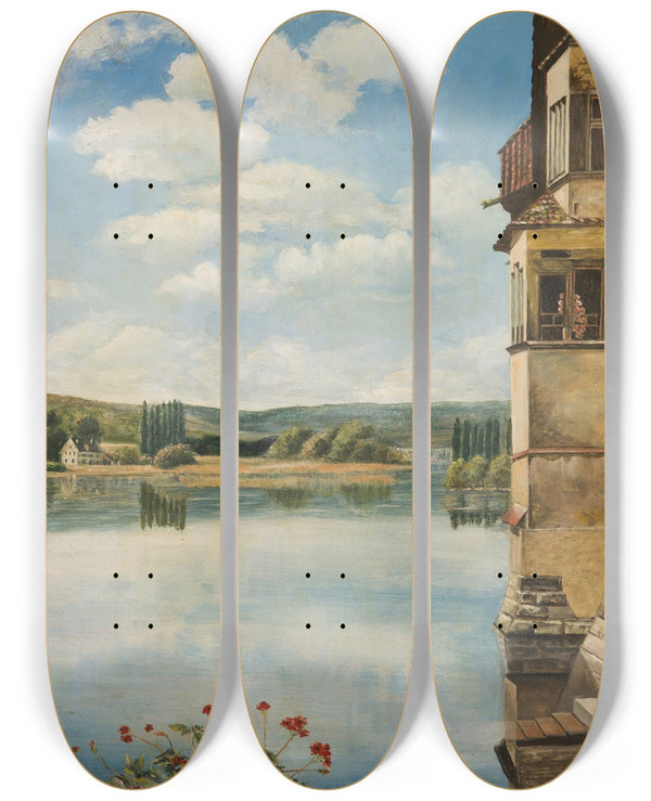 Triptych art skateboard deck of Karl Vikas A Chateau By The Lake by Karl Vikas (1875-1934)