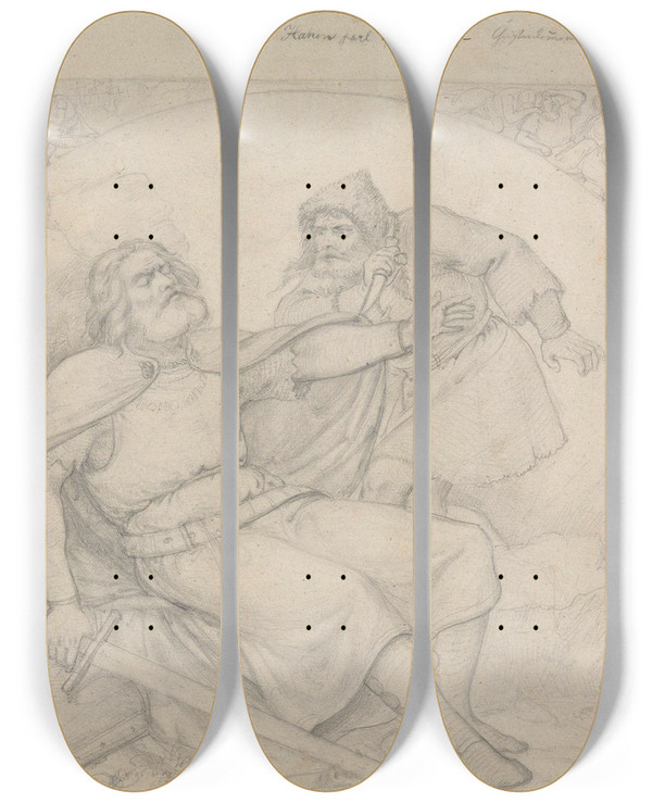 Triptych art skateboard deck of Adolph Tidemand Hkon Jarl Og Karker_2 by Adolph Tidemand (1814-1876)