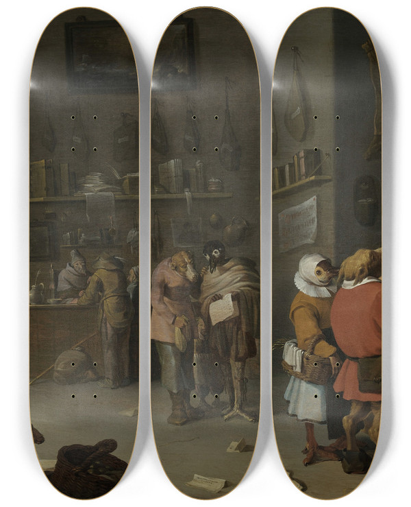 Triptych art skateboard deck of Cornelis Saftleven Who Sues For A Cow by Cornelis Saftleven (1607-1681)