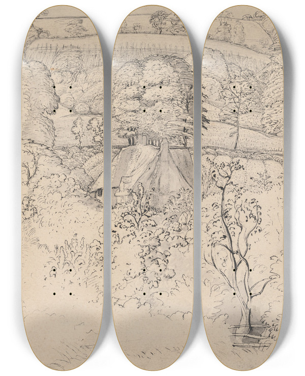 Triptych art skateboard deck of Samuel Palmer The Primitive Cottage Shoreham by Samuel Palmer (1805-1881)