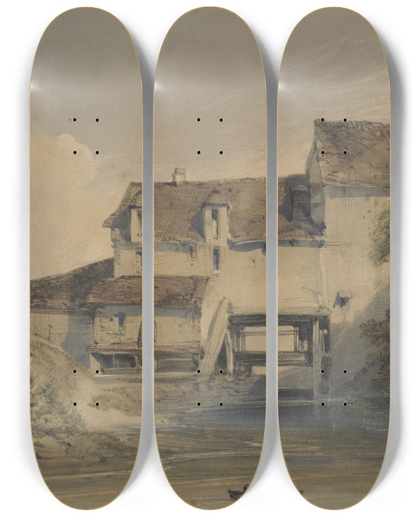 Triptych art skateboard deck of William Callow Mill At Charenton by William Callow (1812-1908)