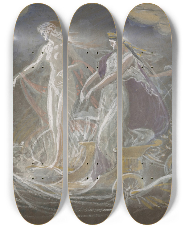 Triptych art skateboard deck of Walter Crane Three Goddesses Allegorical Study by Walter Crane (1845-1915)