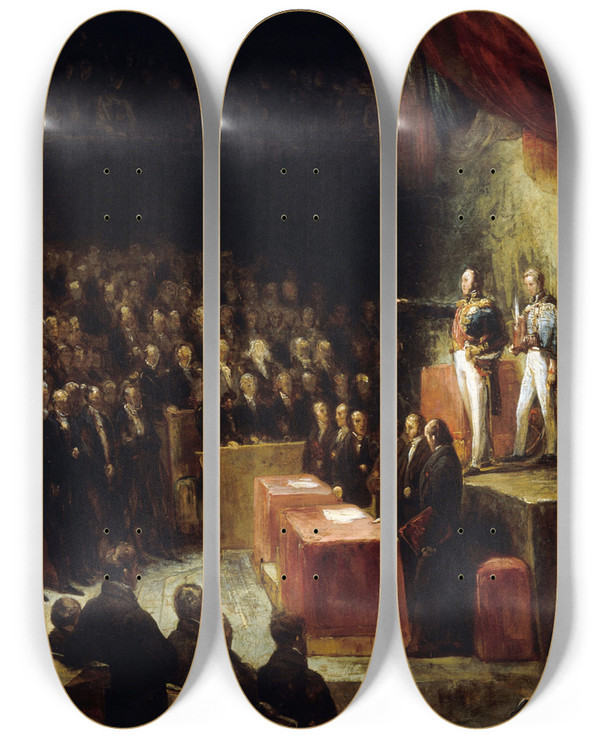 Triptych art skateboard deck of Ary Scheffer Louisphilippe Swearing In Before The Chambers August 9 1830 by Ary Scheffer (1795-1858)