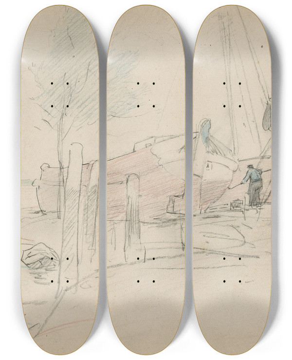 Triptych art skateboard deck of Adolf Le Comte Het Teren Van Aangemeerde Zeilboten by Adolf Le Comte (1850-1921)