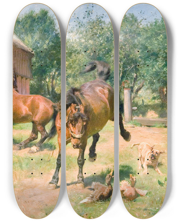 Triptych art skateboard deck of Hans Michael Therkildsen Kde Heste by Hans Michael Therkildsen (1850-1925)