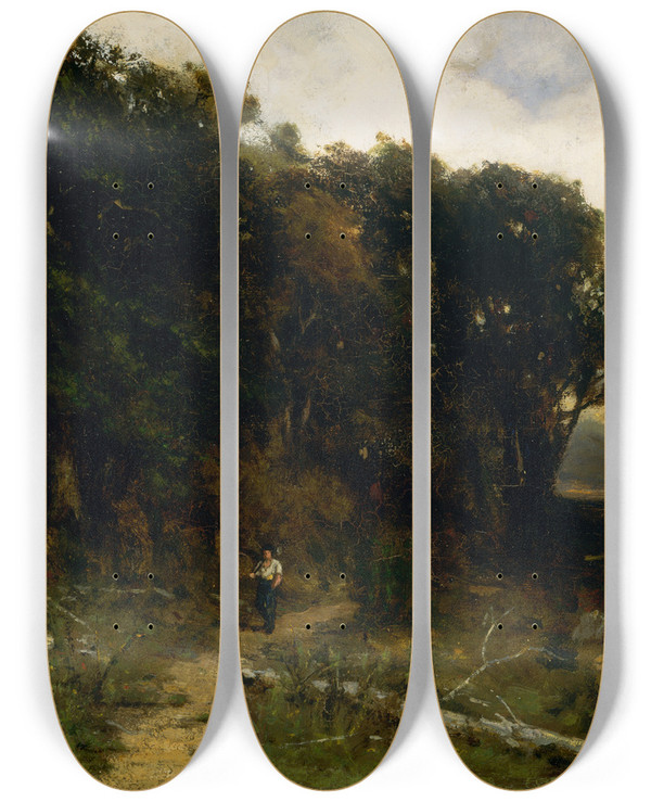 Triptych art skateboard deck of Edward Mitchell Bannister Untitled Landscape Woodcutter On Path by Edward Mitchell Bannister (1828-1901)
