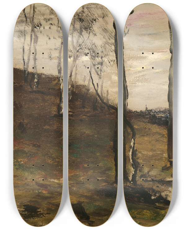 Triptych art skateboard deck of William Morris Hunt Hillside With Trees by William Morris Hunt (1824-1879)