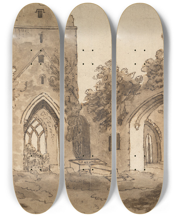 Triptych art skateboard deck of Thomas Crofton Croker Ruined Abbey by Thomas Crofton Croker