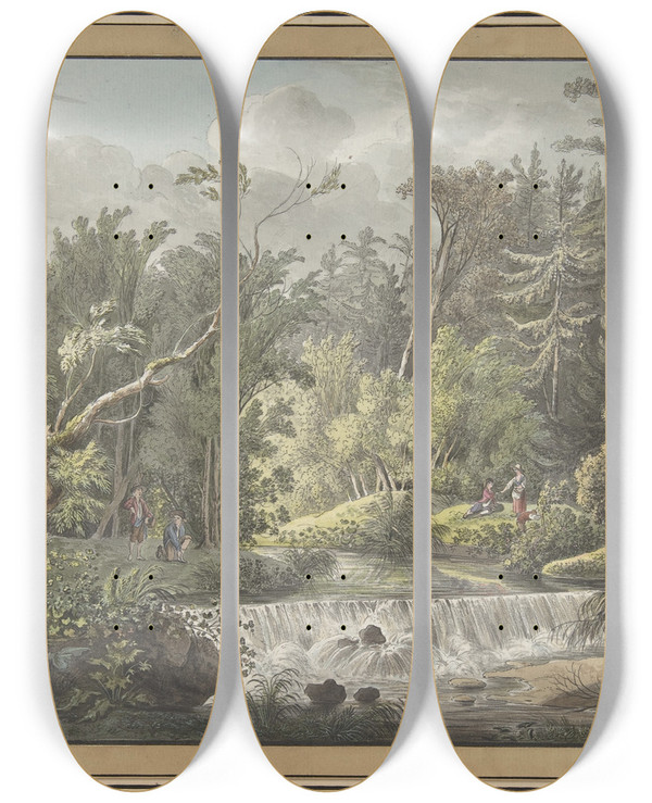 Triptych art skateboard deck of Friedrich Christian Klass Landscape With Waterfall by Friedrich Christian Klass (1752-1827)