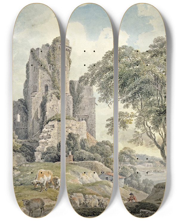 Triptych art skateboard deck of Michael Angelo Rooker A View Of A Ruined Castle by Michael Angelo Rooker (1746-1801)