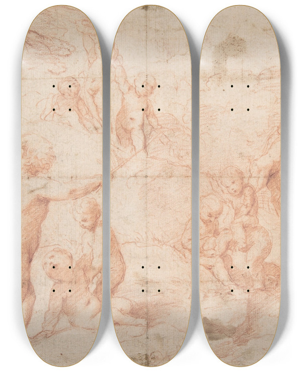 Triptych art skateboard deck of Giovanni Lanfranco Putti And A Young Satyr At Play by Giovanni Lanfranco (1582-1647)