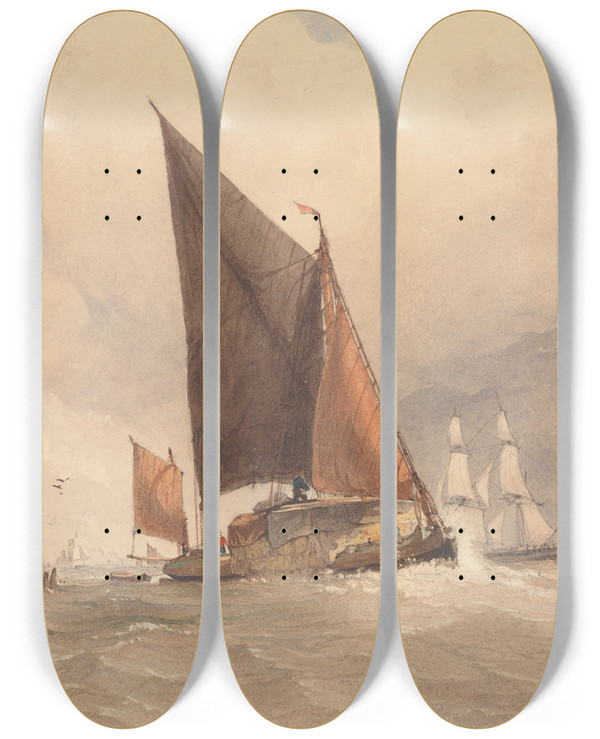 Triptych art skateboard deck of Edward Duncan Sailing Barge At Sea by Edward Duncan (1803-1882)