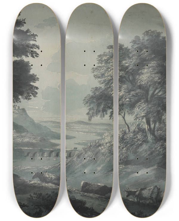 Triptych art skateboard deck of John Glover Landscape With Cattle by John Glover (1767-1849)