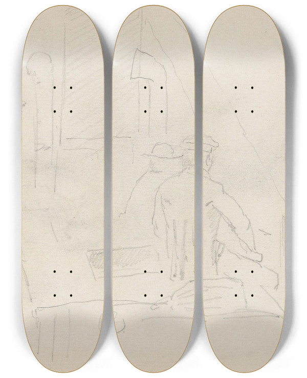 Triptych art skateboard deck of Adolph Tidemand Male Figures In Workshop Interior by Adolph Tidemand (1814-1876)