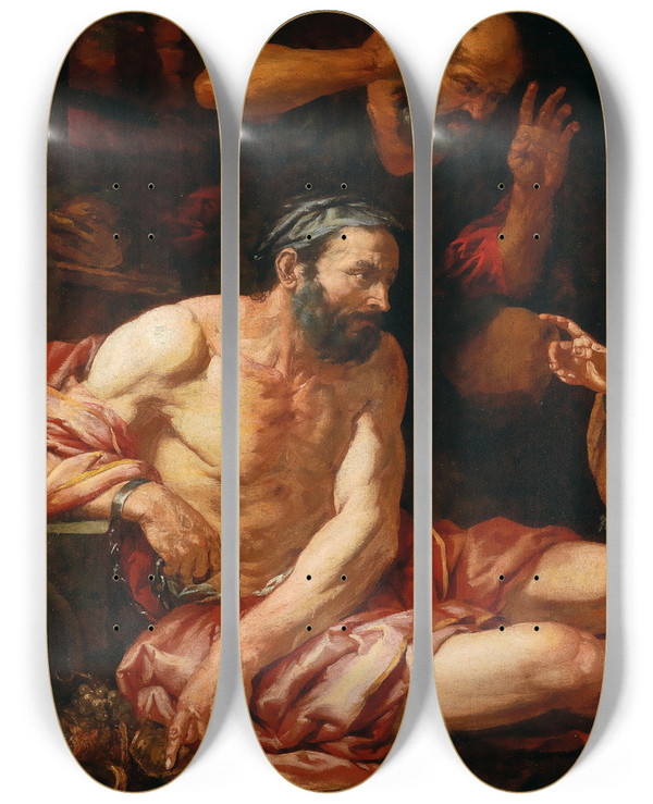 Triptych art skateboard deck of Giovanni Battista Langetti Joseph Interpreting Dreams by Giovanni Battista Langetti (1635-1676)