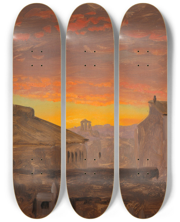 Triptych art skateboard deck of Frederic Edwin Church Rome Rooftops At Sunset by Frederic Edwin Church (1826-1900)